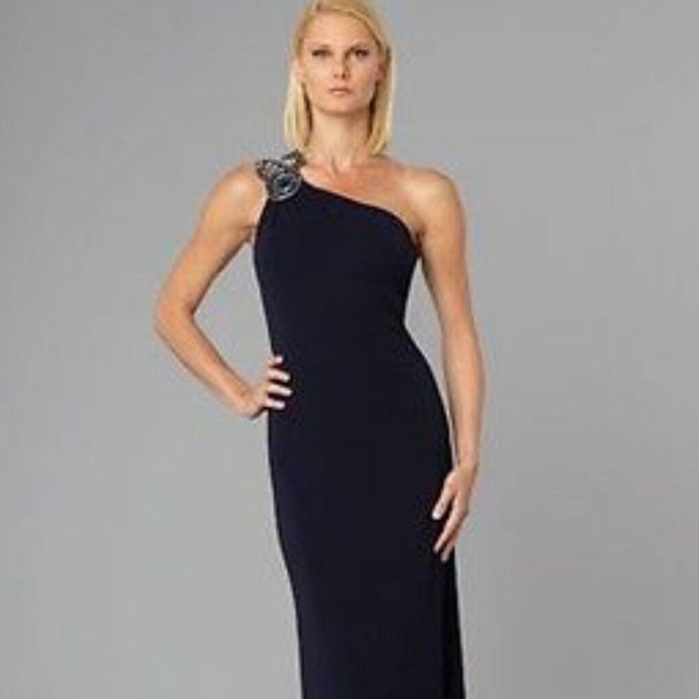 David Meister ~ Navy Jeweled Strappy One Shoulder Jersey Formal Gown Size 2